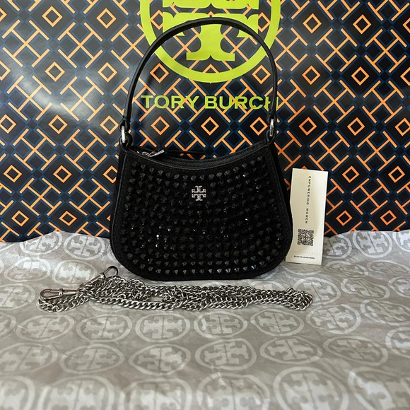 Tory Burch Handbags - Tory Burch Emerson Crystals Chain Nano Bag Crossbody Black Silver